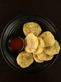 High angle view of food in plate on table