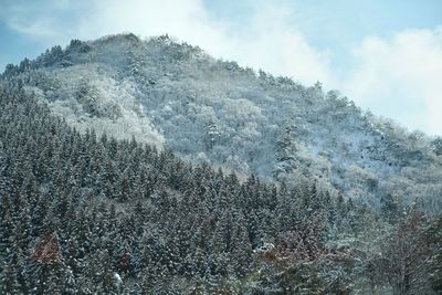 Low angle view of snow covered mountain against sky