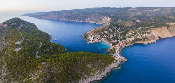 High angle view of bay against sky