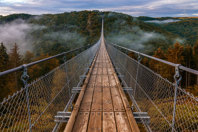 Bridge in forest against sky