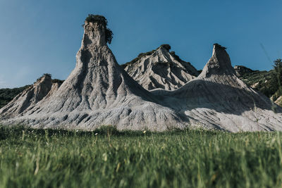 Panoramic view of arid landscape against clear sky