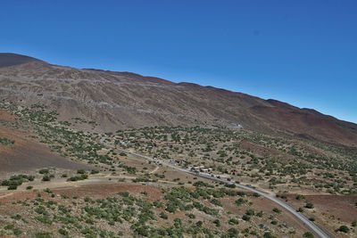 Scenic view of desert against clear blue sky