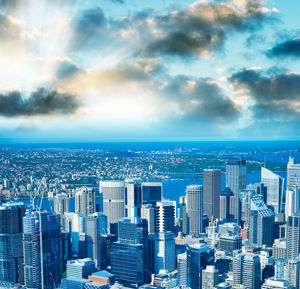 High angle view of buildings against sky in city