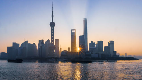 View of buildings in city during sunset