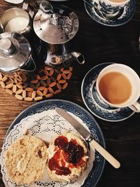 High angle view of cream tea 