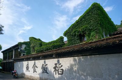 Low angle view of graffiti on wall against sky