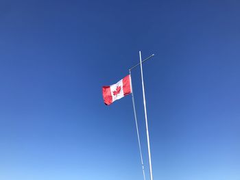 Low angle view of canada flag against clear blue sky
