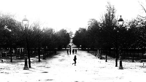 People on snow covered trees against sky