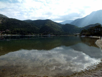 Scenic view of lake and mountains against sky