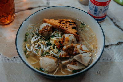 High angle view of noodles in bowl on table