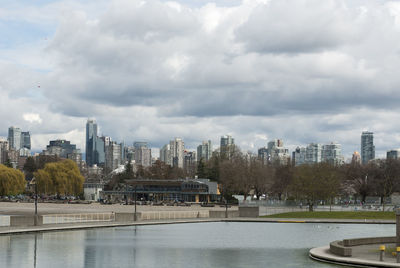 City by river against sky