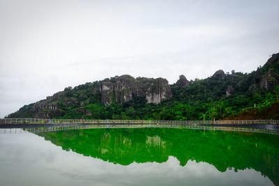 Scenic view of lake by trees against sky