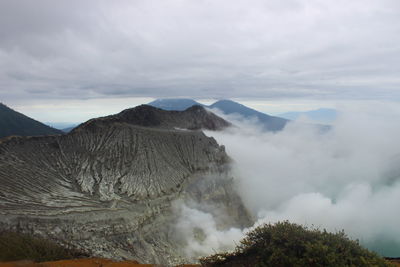 Scenic view of mountains against cloudy sky