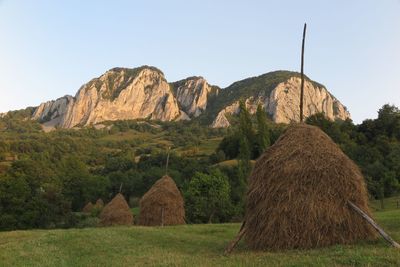 Scenic view of landscape and mountains against clear sky