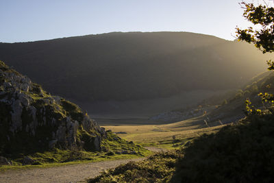 Scenic view of mountains against sky during sunset