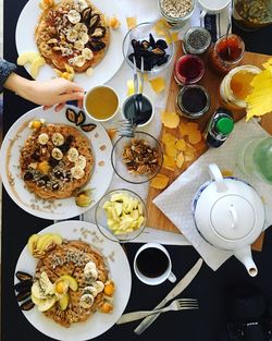 High angle view of breakfast on table