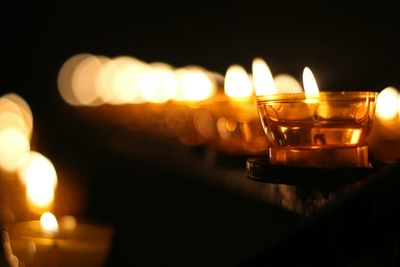 Close-up of lit candle in dark room