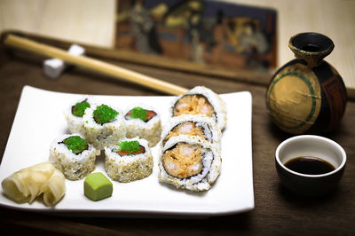 Close-up of sushi served on table