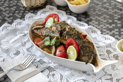 Close-up of food in plate on table