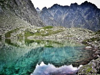 Scenic view of lake with mountains in background