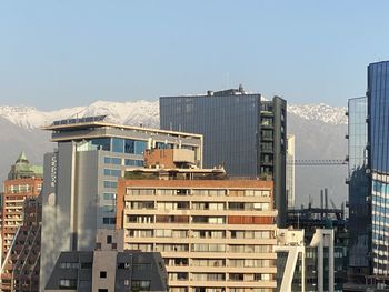 Buildings in city against clear sky