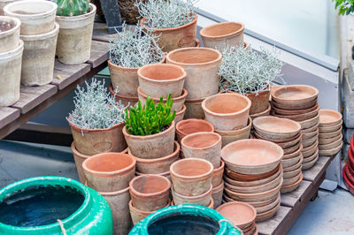 Plenty of clay flower pots - empty and with plants on wooden shelf