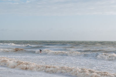 Surfer in the sea by seven sisters chalk cliffs in east sussex, uk.