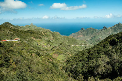 Scenic view of mountains and sea against sky