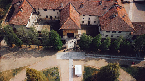 High angle view of trees and buildings