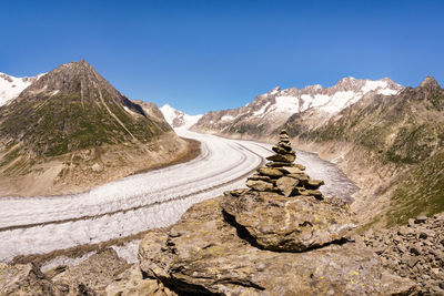 Scenic view of mountains against clear blue sky