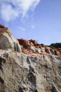 Low angle view of rock formation against sky