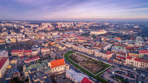 High angle view of cityscape against sky