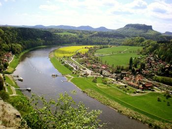 High angle view of the mountain river and ferry wharfs in saxon switzerland national park