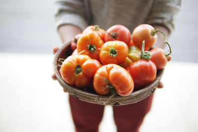 Midsection of person holding tomatoes