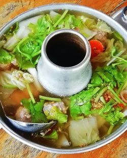 High angle view of soup in bowl on table