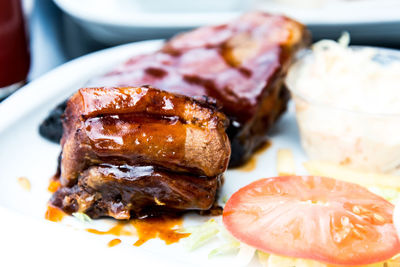 Close-up of steak served in plate