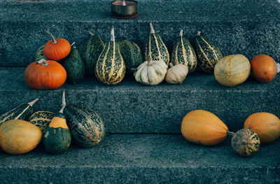 Pumpkins and squashes on steps