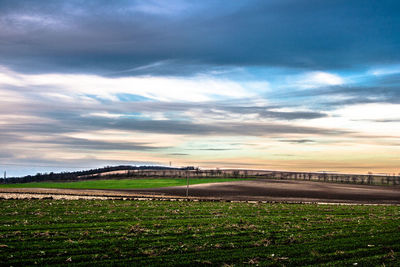 Scenic view of grassy field against cloudy sky