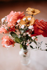 Close-up of pink rose flowers in vase