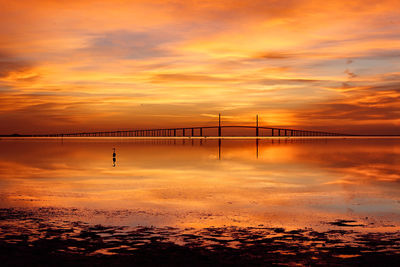 Scenic view of sea against orange sky