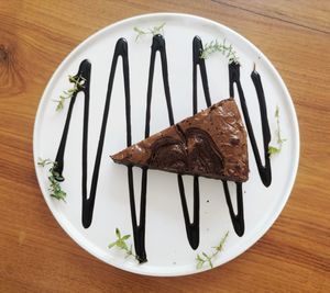 High angle view of chocolate cake on plate