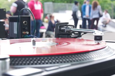 Close-up of telephone booth on table