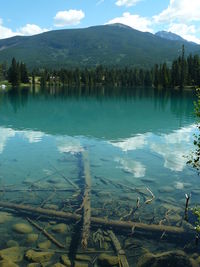 Scenic view of lake with mountains in background