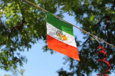 Low angle view of flag against sky