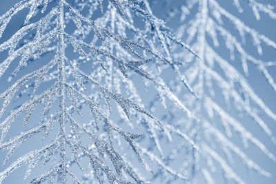 Xmas festive light blue background of shiny sparkling decorative twigs with selective focus.