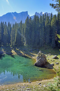 Scenic view of rocks by lake against sky