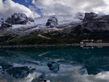 Scenic view of lake by snowcapped mountains against sky