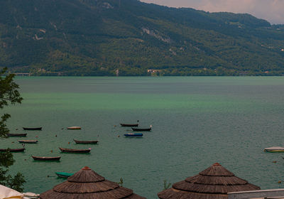 High angle view of boats moored in lake