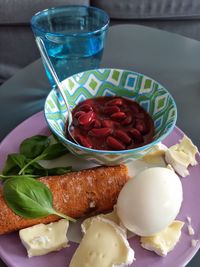 High angle view of breakfast served on table