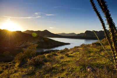 Scenic view of lake against sky during sunset